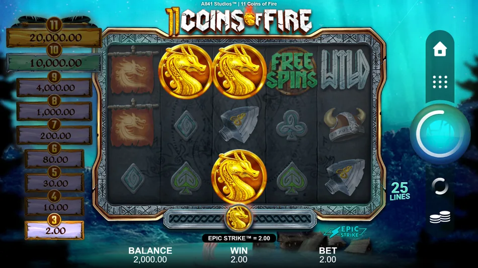 Epic Strike Golden Coin scatter prize triggering on the 11 Coins of Fire reels