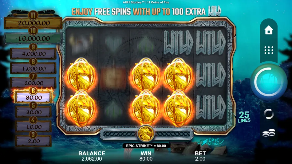 Free Spins reel grid densely filled with added Wild symbols in 11 Coins of Fire