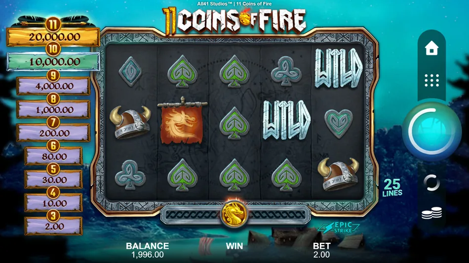 11 Coins of Fire base game grid with Viking helmet and dragon banner symbols